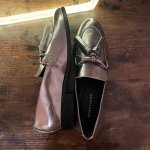 NWOT Silver Marc Fisher Loafers with Black Soles & Silver Tassels Original Box